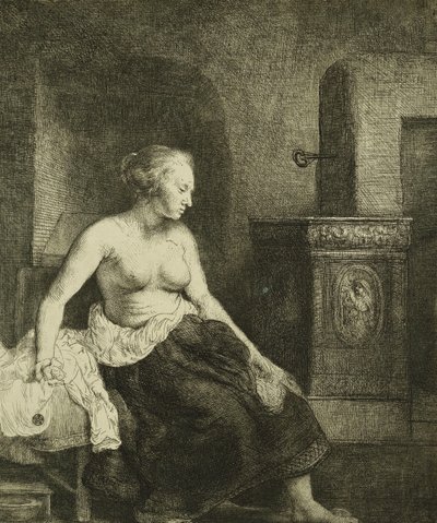 Een Vrouw Halfgekleed Zittend naast een Kachel, 1658 door Rembrandt van Rijn