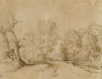 Een beboste weg door Rembrandt van Rijn
