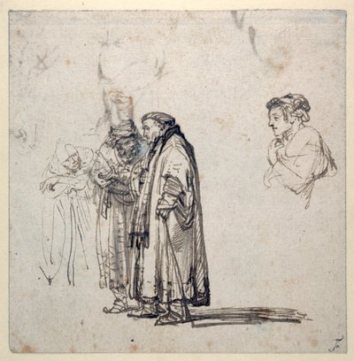 Een groep oudere geleerden en, apart, het profiel van een jongere man door Rembrandt Harmensz. van Rijn
