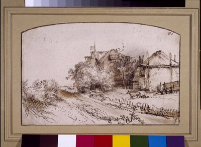 Een hooiberg bij een boerderij door Rembrandt Harmensz. van Rijn