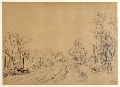 Een hoofdweg die door bomen naar een huis leidt (twee bruggen en poorttoegangen naar de dijk) door Rembrandt Harmensz. van Rijn
