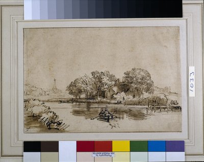 Een man die een boot roeit op de Bullewijk, met uitzicht op Ouderkerk, ca. 1650 door Rembrandt Harmensz. van Rijn