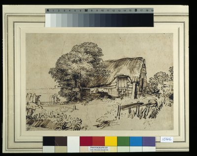 Een huisje met rieten dak bij een grote boom, een figuur zittend buiten, ca. 1648-52 door Rembrandt Harmensz. van Rijn