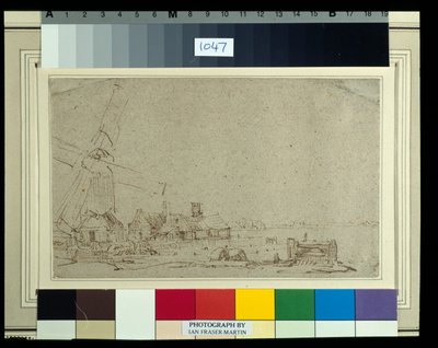 Een windmolen en een groep huizen, c.1652-53 door Rembrandt Harmensz. van Rijn