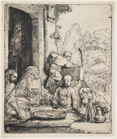 Abraham ontvangt de engelen door Rembrandt van Rijn