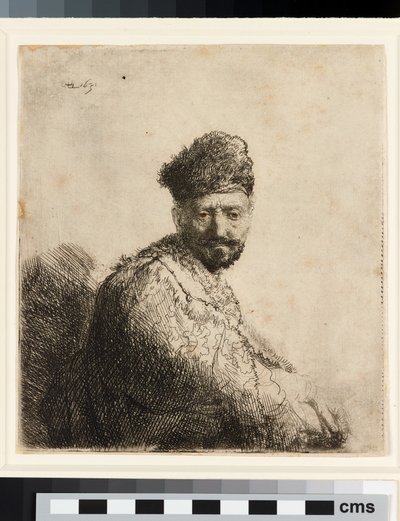 Baardige man in oosterse bontmuts: de vader van de kunstenaar door Rembrandt van Rijn