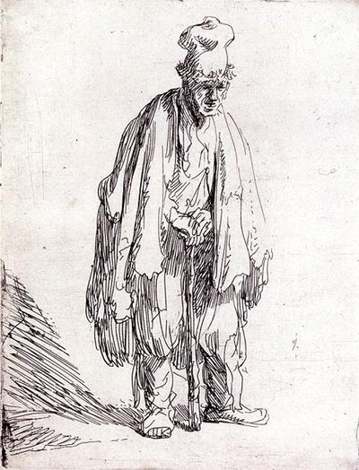 Bedelaar met een hoge muts staand door Rembrandt Harmensz. van Rijn