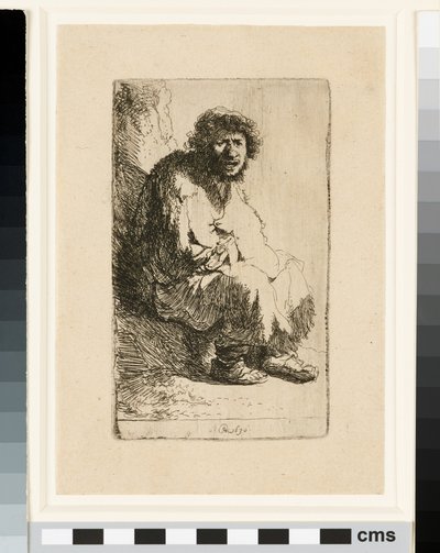 Bedelaar zittend op een bank door Rembrandt van Rijn