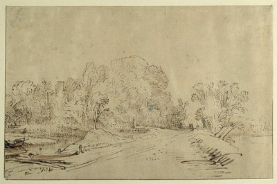Kanaal met boten, een dijkweg en bomen door Rembrandt Harmensz. van Rijn