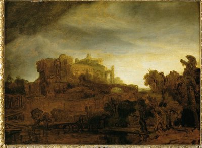 Kasteel in de schemering ... door Rembrandt Harmensz. van Rijn