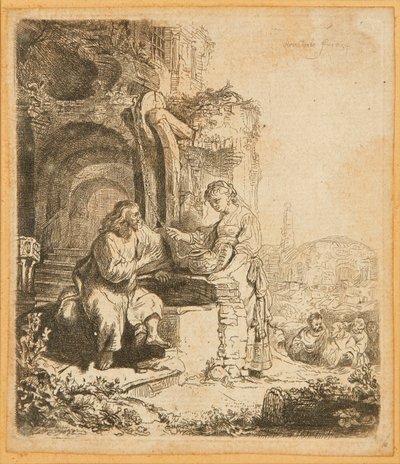Christus en de vrouw van Samaria, tussen ruïnes door Rembrandt Harmensz. van Rijn
