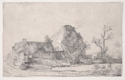 Cottage en Boerderijgebouwen met een Man die Schetst door Rembrandt van Rijn