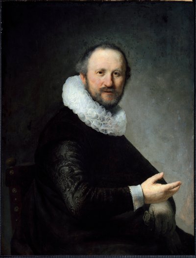 Nederlandse burger met zijn handschoenen, gekleed in een kraag door Rembrandt van Rijn