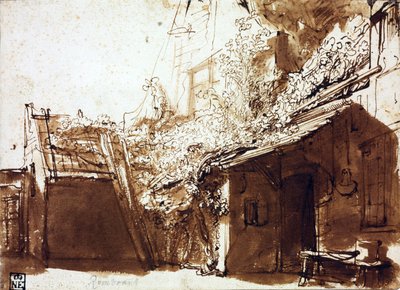 Boerderij in Licht en Schaduw - Rembrandt van Rhijn (1606-1669) - 1635-1636 - Pen, penseel, bruine kleur op papier - 16,2x22,5 cm - Szepmuveszeti Muzeum, Boedapest door Rembrandt Harmensz. van Rijn