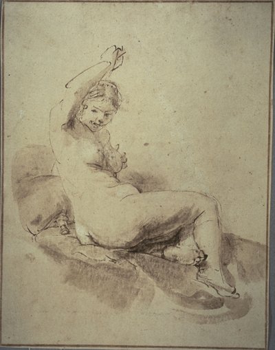 Vrouwelijk naakt liggend met arm omhoog, c.1665 door Rembrandt Harmensz. van Rijn