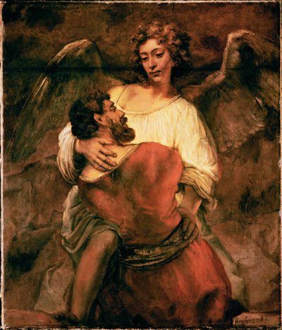 Jacob vecht met de engel (schilderij op doek) door Rembrandt Harmensz. van Rijn