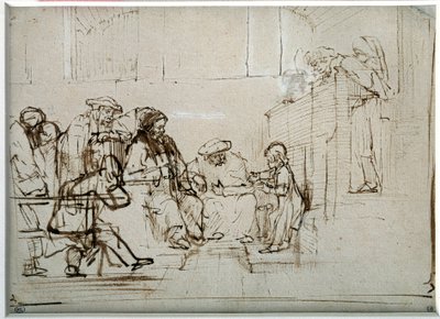 Jezus Kind met Doktoren. door Rembrandt van Rijn