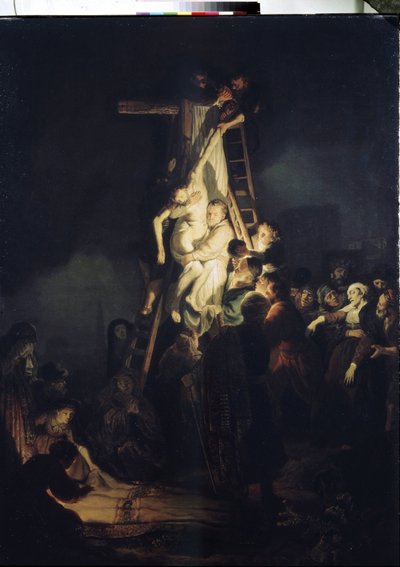 De kruisafneming. Onder de figuren rond het lichaam van Jezus Christus: de Maagd Maria, Sint Nicodemus en Sint Jozef van Arimathea. door Rembrandt Harmensz. van Rijn