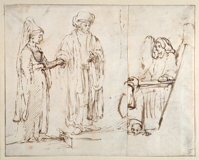 Laban brengt Leah naar Jacob, met Jacob overdekt door een fragment van een andere tekening; een engel met een hond liggend aan zijn voeten door Rembrandt Harmensz. van Rijn
