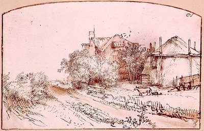 Landschap met een Cottage en Hooischuur door Rembrandt Harmensz. van Rijn