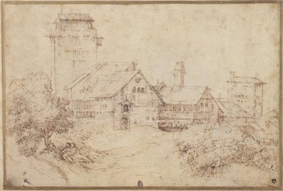 Landschap met gebouwen en geliefden, omhelzend, naar Titian door Rembrandt Harmensz. van Rijn