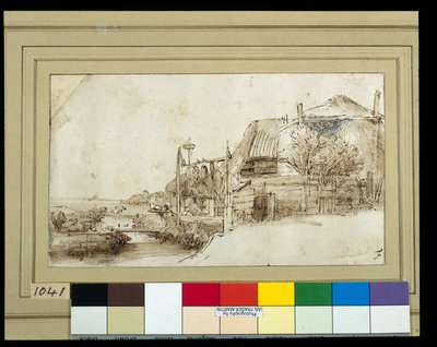 Landschap met boerderijgebouwen aan de rechterkant door Rembrandt Harmensz. van Rijn