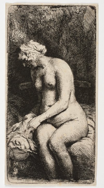 Naakte vrouw zittend met haar voeten in het water door Rembrandt Harmensz. van Rijn