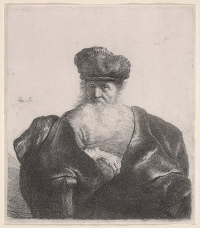 Oude man met lange baard, bontmuts en fluwelen mantel door Rembrandt van Rijn