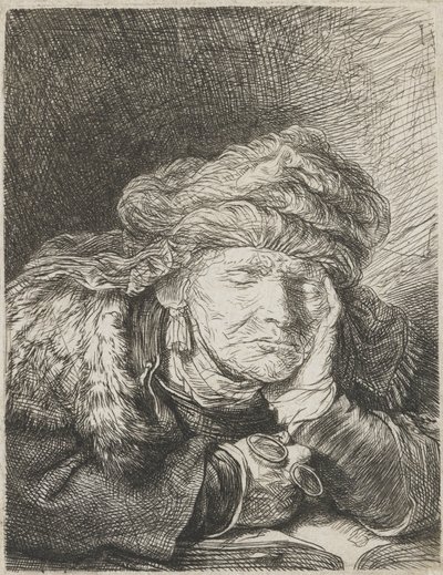 Oude vrouw die slaapt door Rembrandt van Rijn