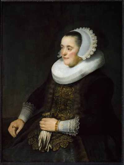 Portret van een Nederlandse Burgerlijke Vrouw met een Kraag en Hoofddoek door Rembrandt van Rijn