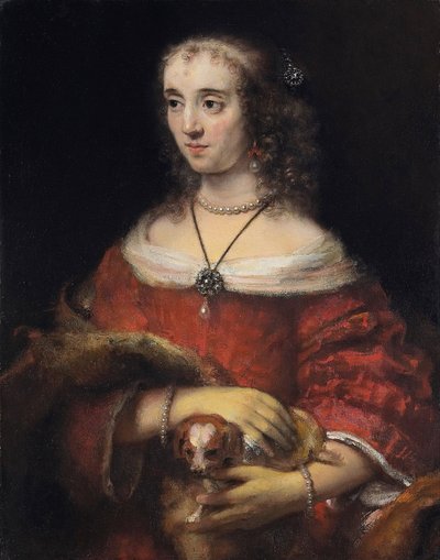 Portret van een dame met een schoothondje door Rembrandt Harmensz. van Rijn