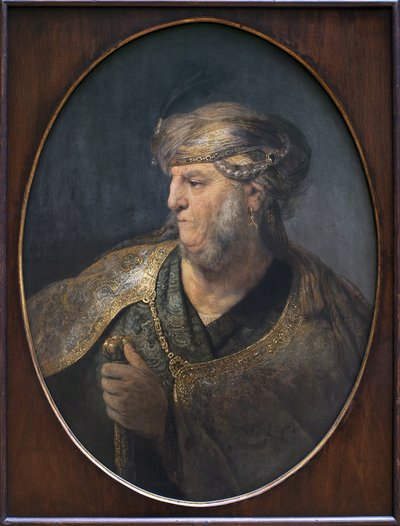Portret van een man in een oosters kostuum door Rembrandt van Rijn