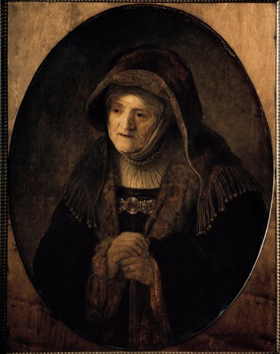 Portret van de moeder van de kunstenaar leunend op haar stok door Rembrandt van Rijn