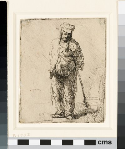 Haveloze boer met zijn handen achter zich, een stok vasthoudend door Rembrandt van Rijn
