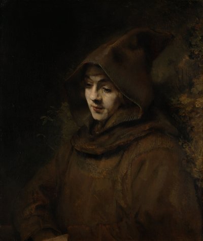 Rembrandts zoon Titus in een monnikspij door Rembrandt van Rijn