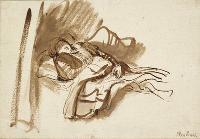 Saskia slapend in Bed door Rembrandt Harmensz van Rijn