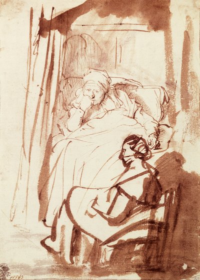 Saskia liggend in bed, een vrouw zittend aan haar voeten door Rembrandt Harmensz. van Rijn