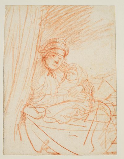 Saskia zittend in bed, een kind vasthoudend door Rembrandt van Rijn
