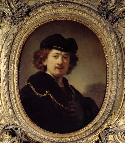 Zelfportret met toque en gouden ketting Schilderij door Harmenszoon van Rijn genaamd Rembrandt (1606-1669) 1633 Dim. 0,7x0,53 m door Rembrandt van Rijn