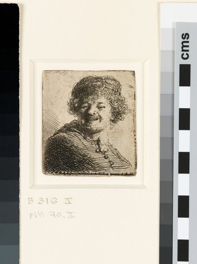 Zelfportret met een pet: lachend door Rembrandt van Rijn
