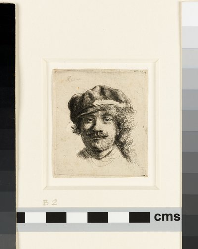 Zelfportret met een zachte muts door Rembrandt van Rijn