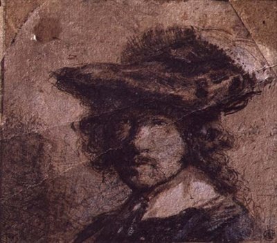 Zelfportret met een gevederde hoed en witte kraag door Rembrandt Harmensz. van Rijn