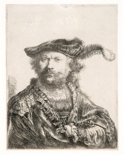 Zelfportret met fluwelen muts en pluim door Rembrandt Harmensz. van Rijn