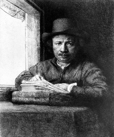Zelfportret tijdens het tekenen door Rembrandt van Rijn