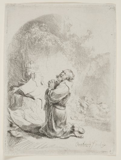 St. Hiëronymus biddend: Gebogen prent door Rembrandt van Rijn
