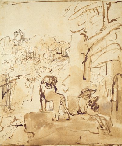 St. Hiëronymus lezend in een landschap door Rembrandt van Rijn