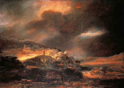 Stormachtig landschap, ca. 1637/38 door Rembrandt Harmensz. van Rijn