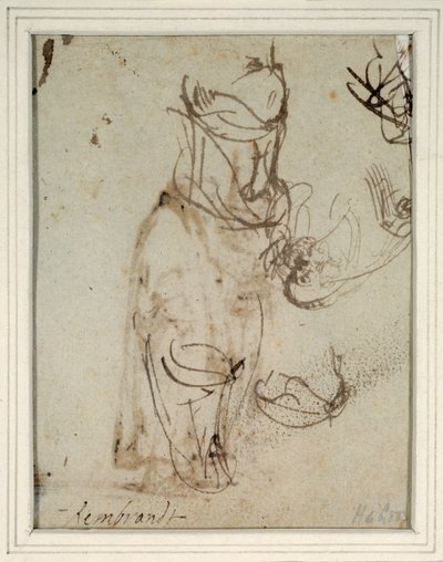Studies van een hoge hoofdtooi; en van een omgekeerd hoofd van de recto door Rembrandt Harmensz. van Rijn