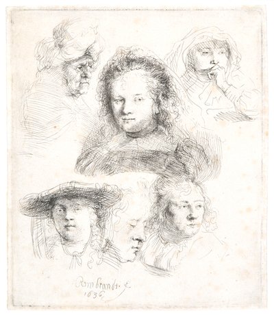 Studies van het hoofd van Saskia en anderen door Rembrandt Harmensz. van Rijn