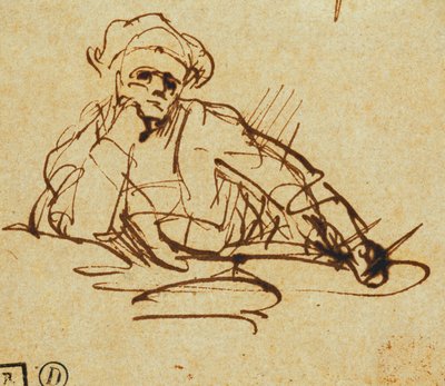 Studie van een schrijver, zittend, pauzerend in gedachten door Rembrandt van Rijn